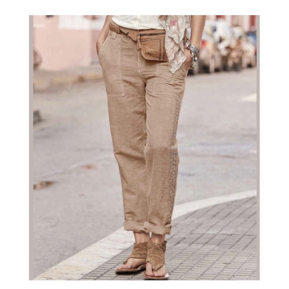 Sundance Pants Size 6 Relaxed Linen Blend Lace Trim Pants Rosedust New #DDD3-3